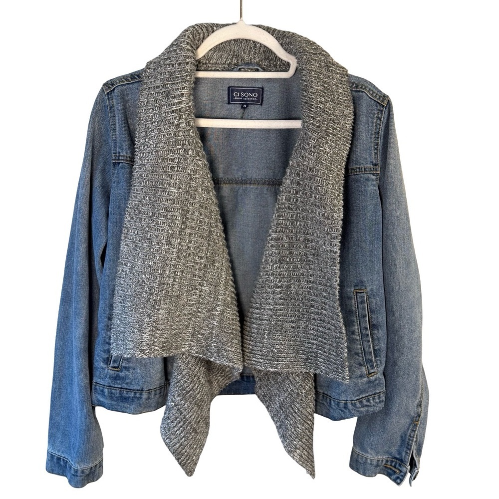 Ci Sono Blue Denim Jacket with Gray Knit Lapel Size S Casual Mixed Media Fall